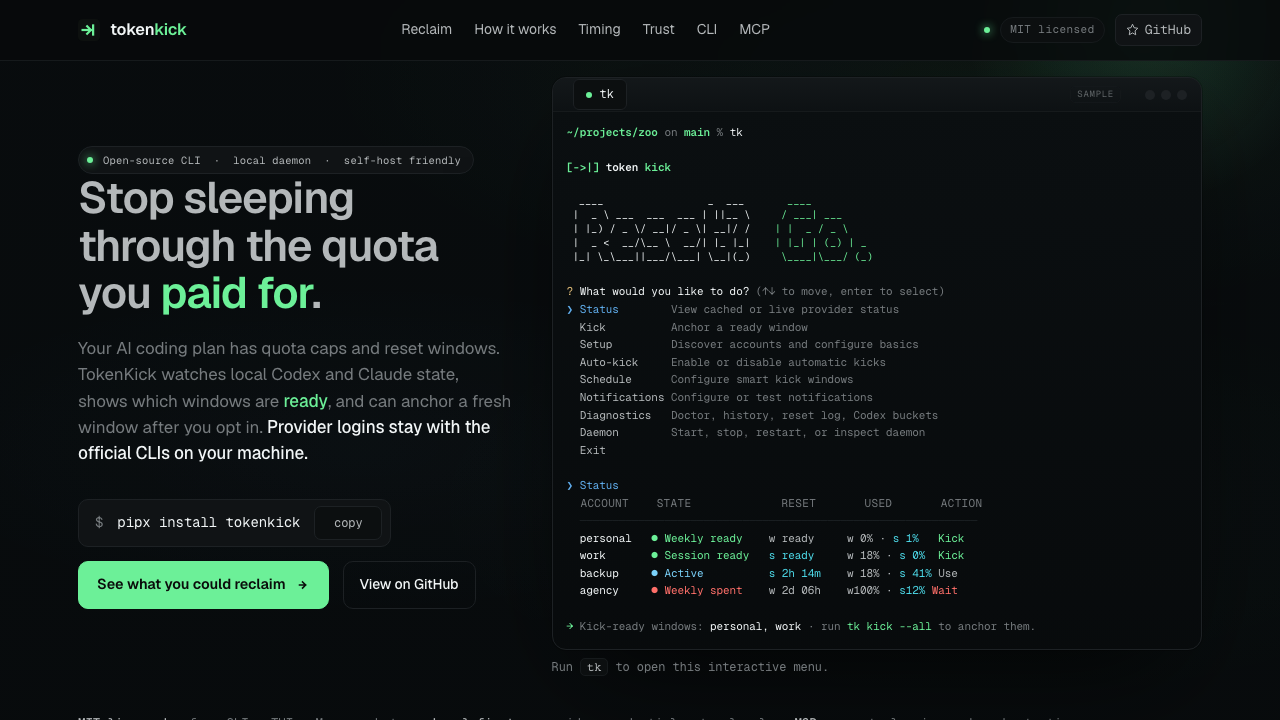Screenshot der TokenKick-Startseite