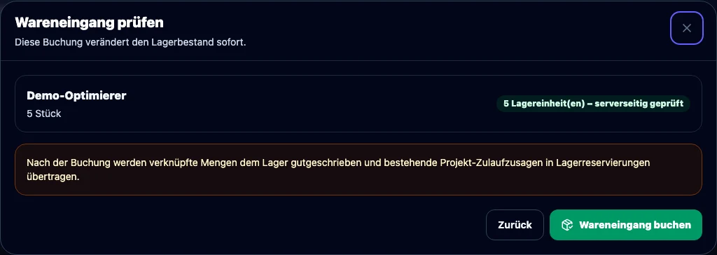 Solar-CRM: Wareneingang bestätigen und Auswirkungen auf Bestand und Reservierungen prüfen.
