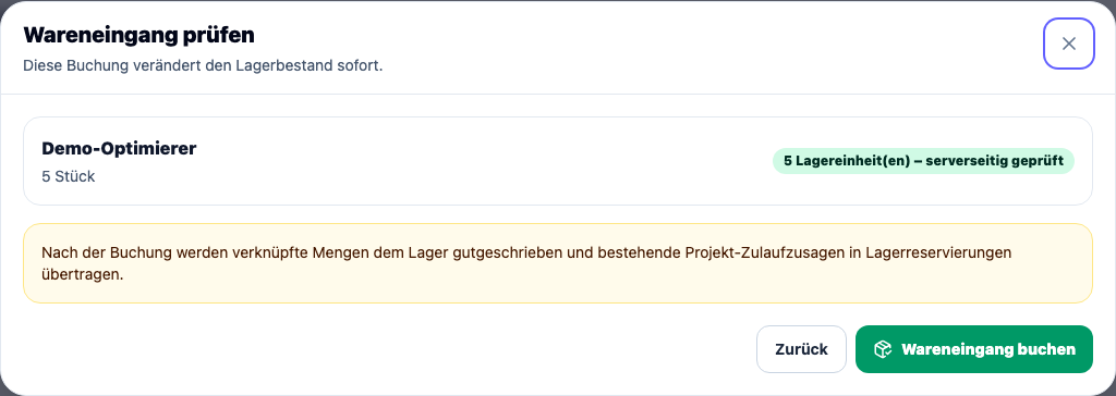 CRM-Dialog zur Prüfung eines Wareneingangs und seiner Wirkung auf Lager und Projektreservierungen.