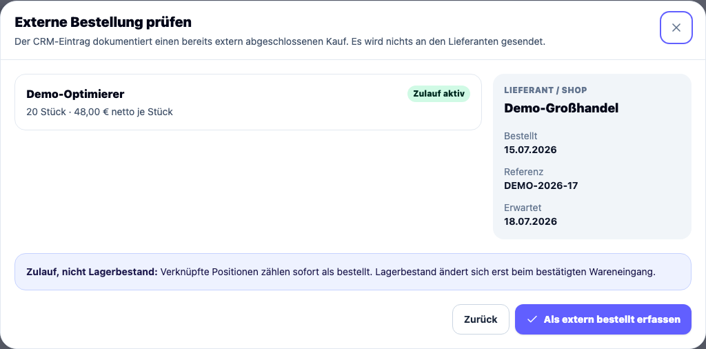 CRM-Dialog zur Prüfung einer externen Bestellung mit dem Hinweis, dass nichts an den Lieferanten gesendet wird.