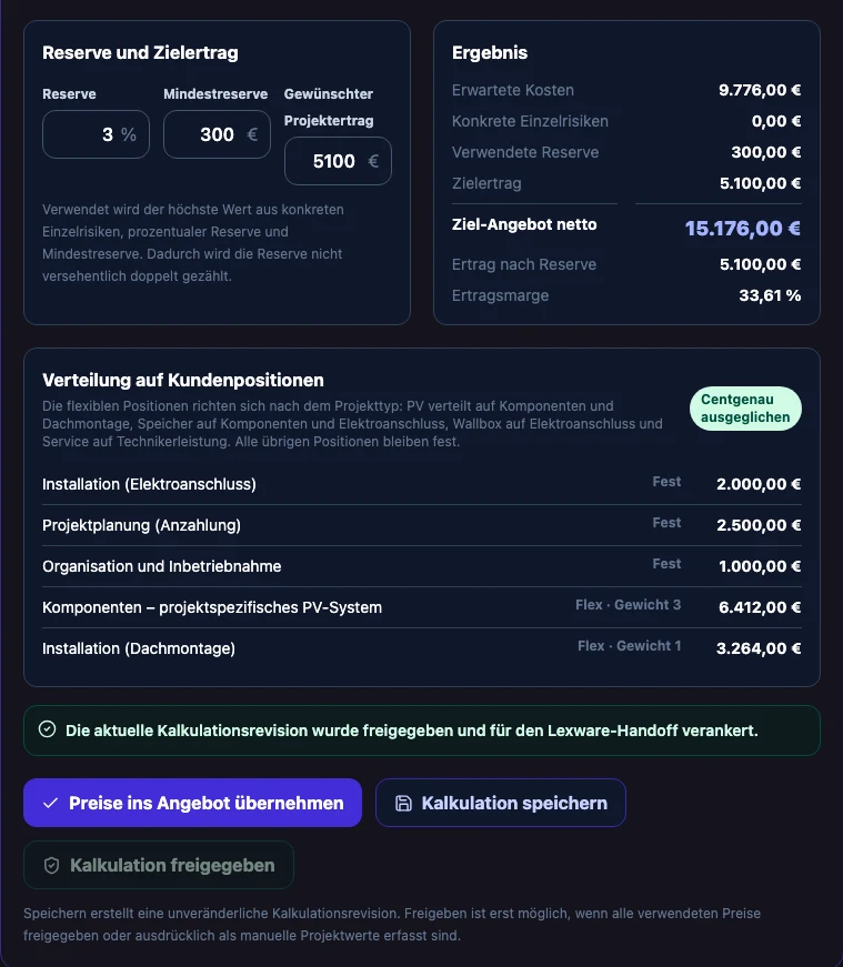Solar-CRM: Kalkulationsprüfung und Freigabe für einen konkreten Angebotsstand.